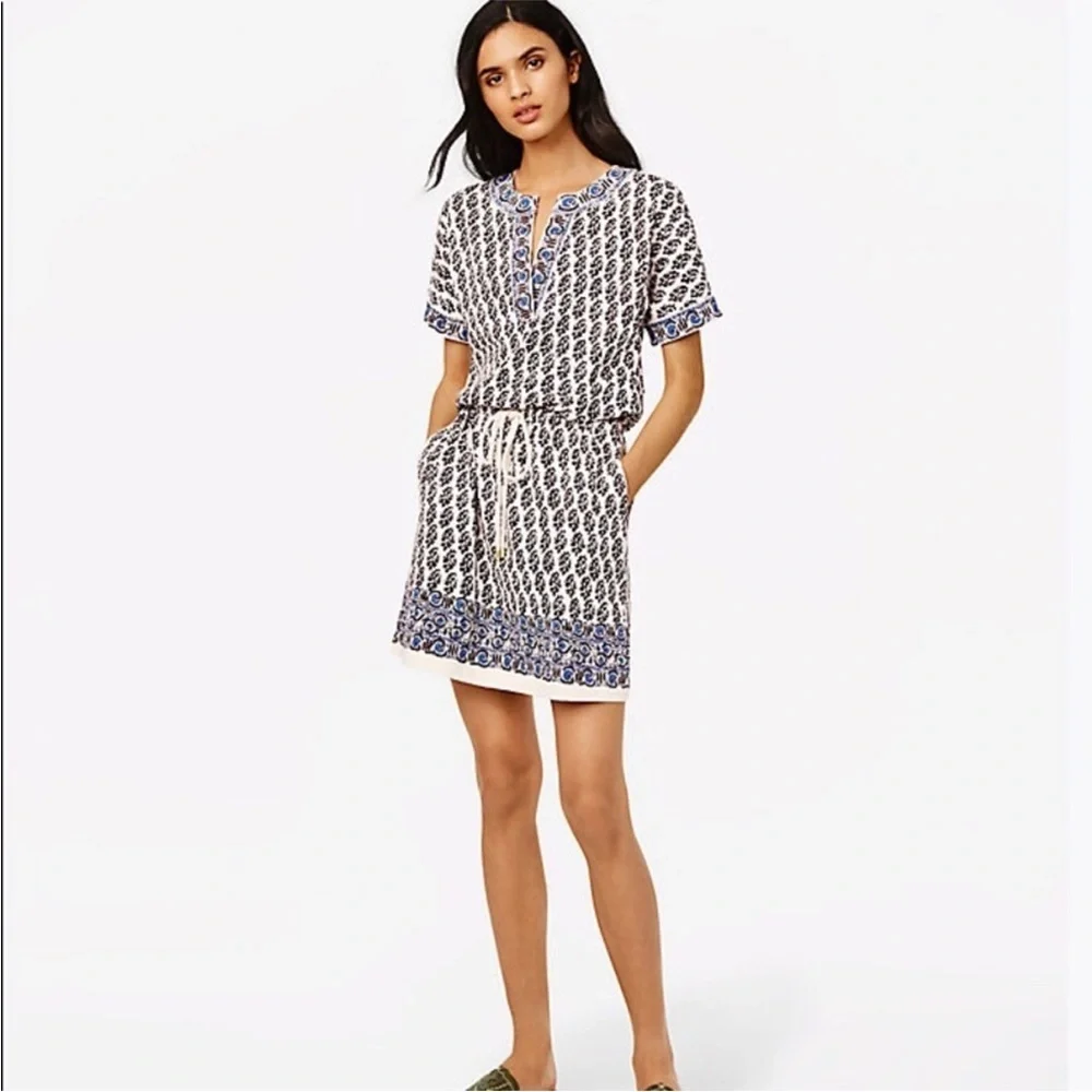 Tory Burch 100% Pima Cotton Ivory Guru Border Blue Amara Dress XS Coastal Brunch